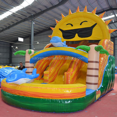 Double Lane Beach N Sun Inflatable Water Slide Popular Tropical Palm Tree Design