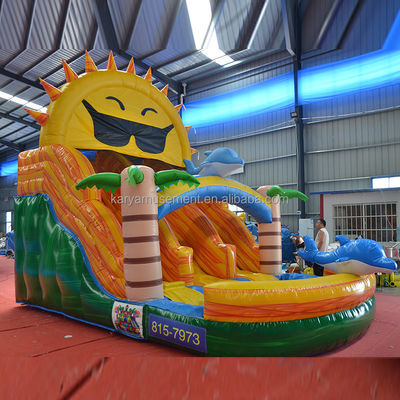 Double Lane Beach N Sun Inflatable Water Slide Popular Tropical Palm Tree Design