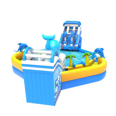 Exciting Outdoor Water Park with Large Inflatable Dolphin Slide and Crazy Shark Pool
