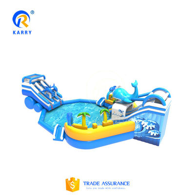 Exciting Outdoor Water Park with Large Inflatable Dolphin Slide and Crazy Shark Pool