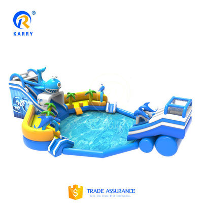 Exciting Outdoor Water Park with Large Inflatable Dolphin Slide and Crazy Shark Pool