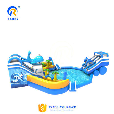Exciting Outdoor Water Park with Large Inflatable Dolphin Slide and Crazy Shark Pool