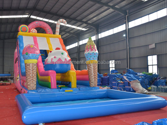 Commercial Party Rental Water Slide with Children's Paddling Pool in Ice-Cream Pink