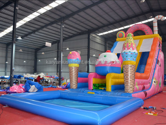 Commercial Party Rental Water Slide with Children's Paddling Pool in Ice-Cream Pink