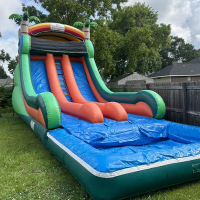 Commercial Grade Inflatable Water Slide with Double Lane and Tropical Palm Theme