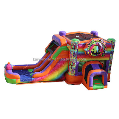 Unisex Halloween Bounce House with Double Channel Water Slide and Rainbow Inflatable Castle