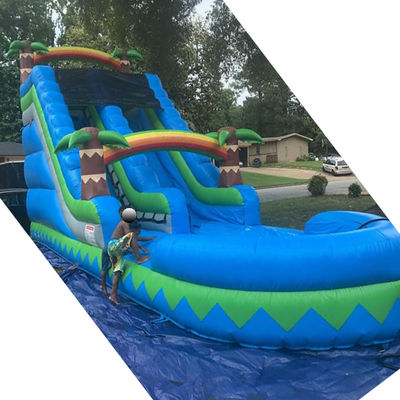 CE/EN71/EN14960 Certified 30ft Outdoor Water Park Blue Tropical Palm Tree Water Slide for 5-10 Passengers
