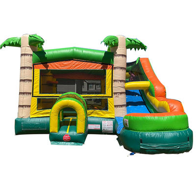 Features PORTABLE Inflatable Castle Palm Tree Bounce House with Slide and Small Pool