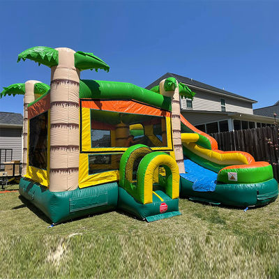 Features PORTABLE Inflatable Castle Palm Tree Bounce House with Slide and Small Pool