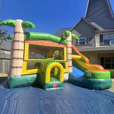 Features PORTABLE Inflatable Castle Palm Tree Bounce House with Slide and Small Pool