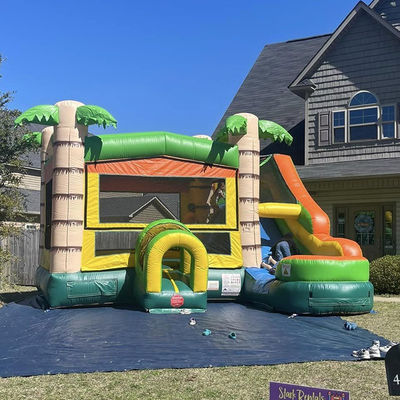 Features PORTABLE Inflatable Castle Palm Tree Bounce House with Slide and Small Pool