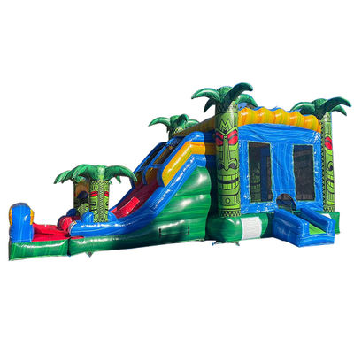 Children's Jumping Trampoline Games Green Inflatable Tiki Huk Castle Combo Slide Pool