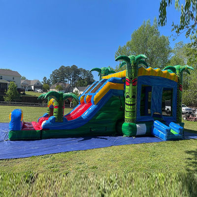 Children's Jumping Trampoline Games Green Inflatable Tiki Huk Castle Combo Slide Pool