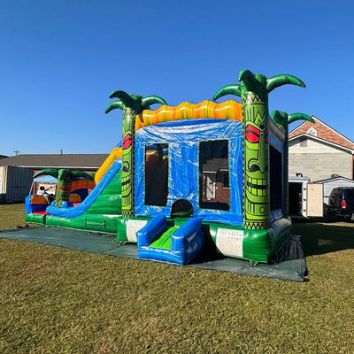 Children's Jumping Trampoline Games Green Inflatable Tiki Huk Castle Combo Slide Pool