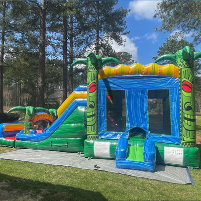 Children's Jumping Trampoline Games Green Inflatable Tiki Huk Castle Combo Slide Pool