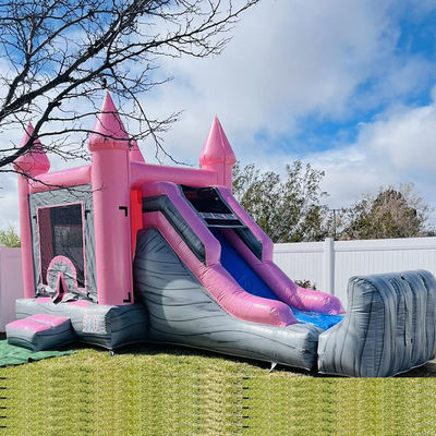 Pink and Gray Children's Castle Inflatable Bounce House Slide Pool Combo Party Rentals