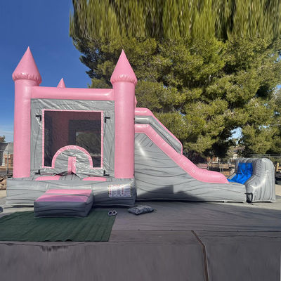 Pink and Gray Children's Castle Inflatable Bounce House Slide Pool Combo Party Rentals