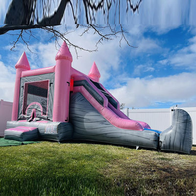 Pink and Gray Children's Castle Inflatable Bounce House Slide Pool Combo Party Rentals