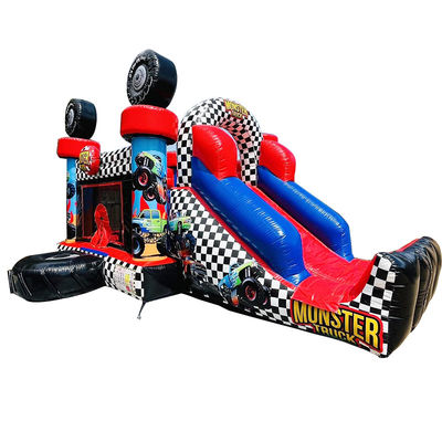 Unisex Red Monster Truck Theme Inflatable Bounce House Combo Slide for Kids Party Time