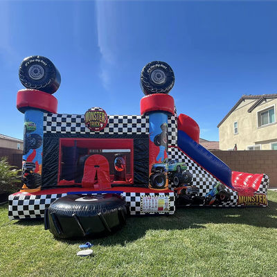 Unisex Red Monster Truck Theme Inflatable Bounce House Combo Slide for Kids Party Time