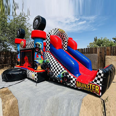 Unisex Red Monster Truck Theme Inflatable Bounce House Combo Slide for Kids Party Time