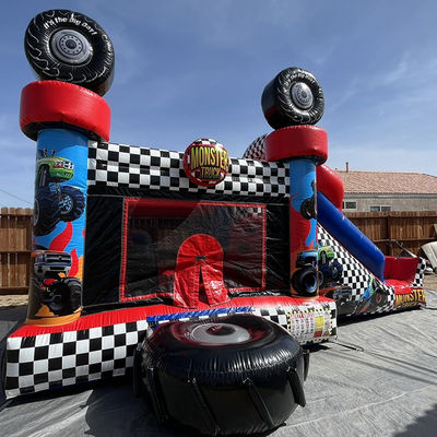 Unisex Red Monster Truck Theme Inflatable Bounce House Combo Slide for Kids Party Time