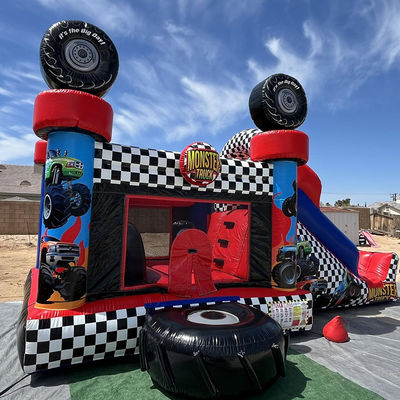 Unisex Red Monster Truck Theme Inflatable Bounce House Combo Slide for Kids Party Time