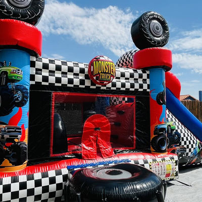Unisex Red Monster Truck Theme Inflatable Bounce House Combo Slide for Kids Party Time