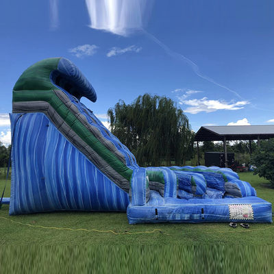 Outdoor Water Park Huge Wave Shape Inflatable Dry Slide with Double Slides in Blue PVC