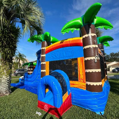 Kids Playground Inflatable Bounce House with Slide Pool and  Palm Tree