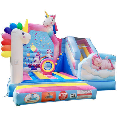 Commercial PVC Kids Trampoline Games Rainbow Unicorn Inflatable Fun City with Slide
