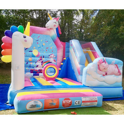 Commercial PVC Kids Trampoline Games Rainbow Unicorn Inflatable Fun City with Slide
