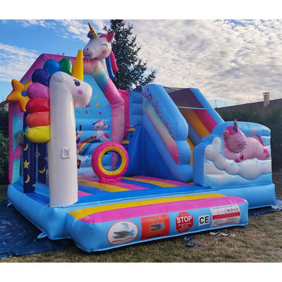 Commercial PVC Kids Trampoline Games Rainbow Unicorn Inflatable Fun City with Slide
