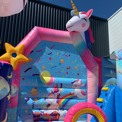 Commercial PVC Kids Trampoline Games Rainbow Unicorn Inflatable Fun City with Slide