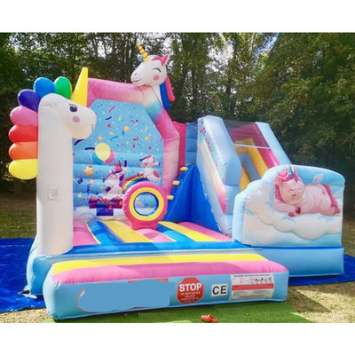 Commercial PVC Kids Trampoline Games Rainbow Unicorn Inflatable Fun City with Slide