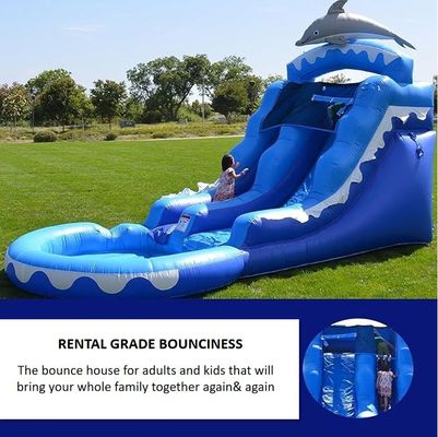 Gray Little Whale Inflatable Water Slide with Blue Ocean Water Pool and Blower Included