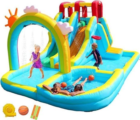Rainbow Water Curtain and Rock Climbing Inflatable Water Double Slides Park Game for Kids