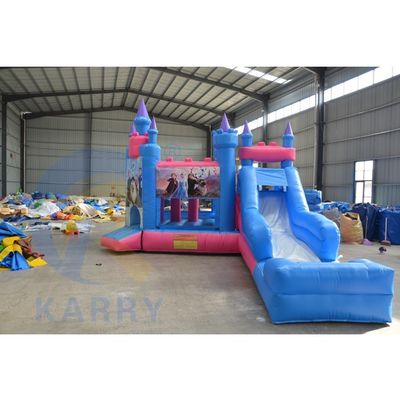 Unisex Customized Inflatable 3 in 1 Castle with Frozen Theme Blue Color and Long Slide