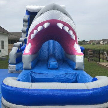 Popular Inflatable Water Park Equipment Big Blue 3D Shark Water Slides with Swimming Pool
