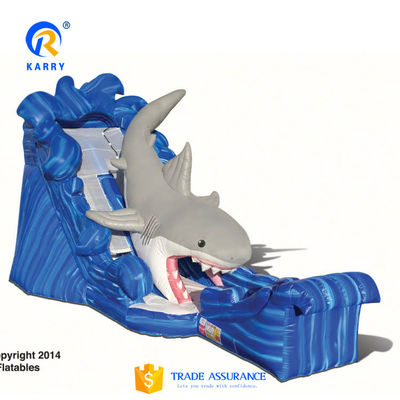 Popular Inflatable Water Park Equipment Big Blue 3D Shark Water Slides with Swimming Pool