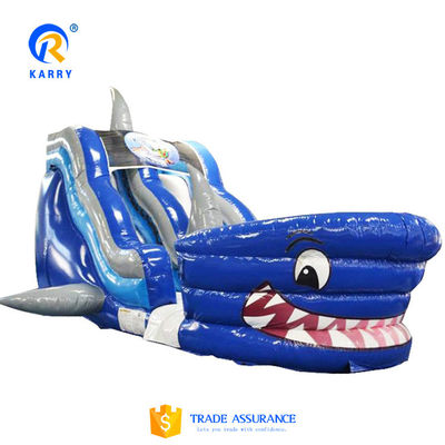 Popular Inflatable Water Park Equipment Big Blue 3D Shark Water Slides with Swimming Pool