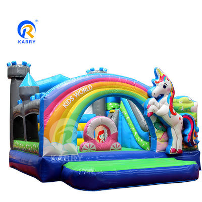 Rainbow PVC Inflatable Trampoline Commercial Unicorn Bouncer with Slide and Blower