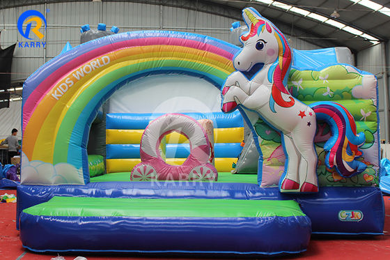 Rainbow PVC Inflatable Trampoline Commercial Unicorn Bouncer with Slide and Blower