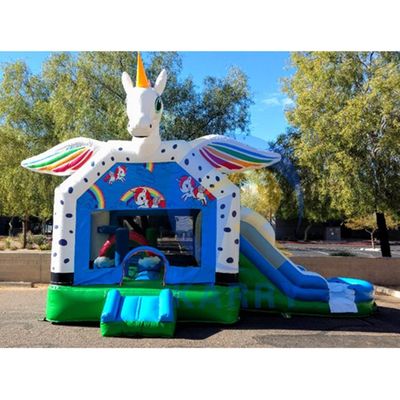 Commercial Rainbow Spotted Unicorn Inflatable Bouncy Castle Combo Slide Acceptable OEM