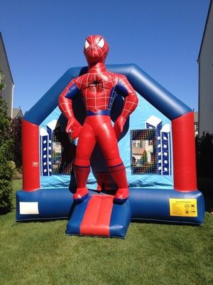 65kg Backyard Inflatable Bounce House with Slide and 3D Spiderman Air Jumping Design