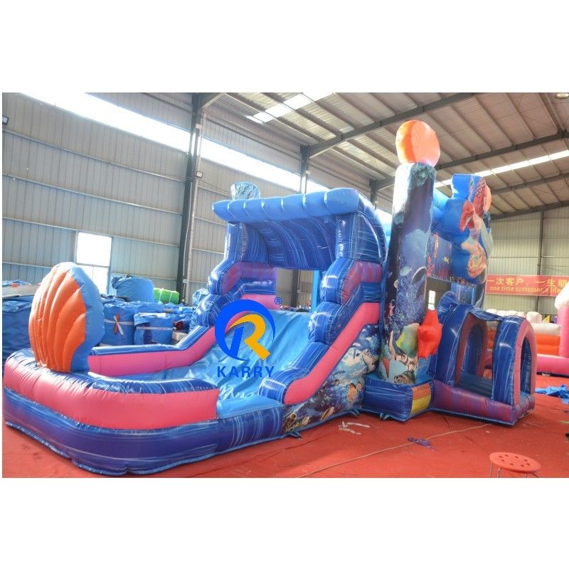 Inflatable Ground Water Park with Slide Unisex Blue Mermaid Bounce House and Big Pool