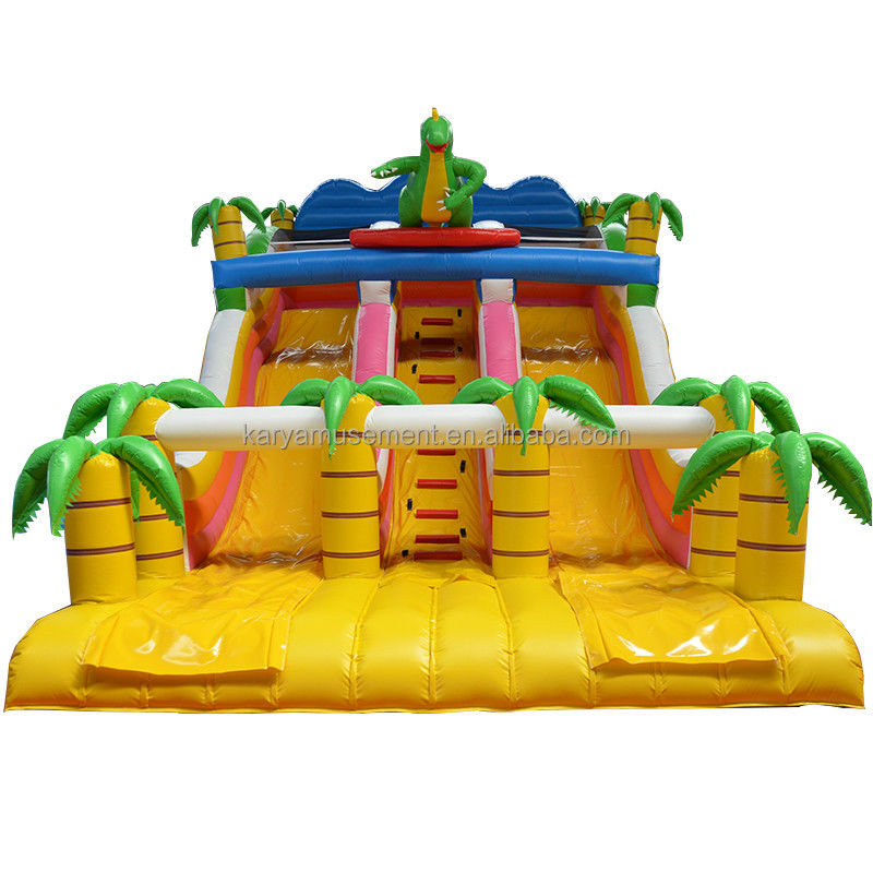 Outdoor Park Game 2-Lane Tropical Palm Tree PVC Inflatable Dinosaur Jump Bounce Slide
