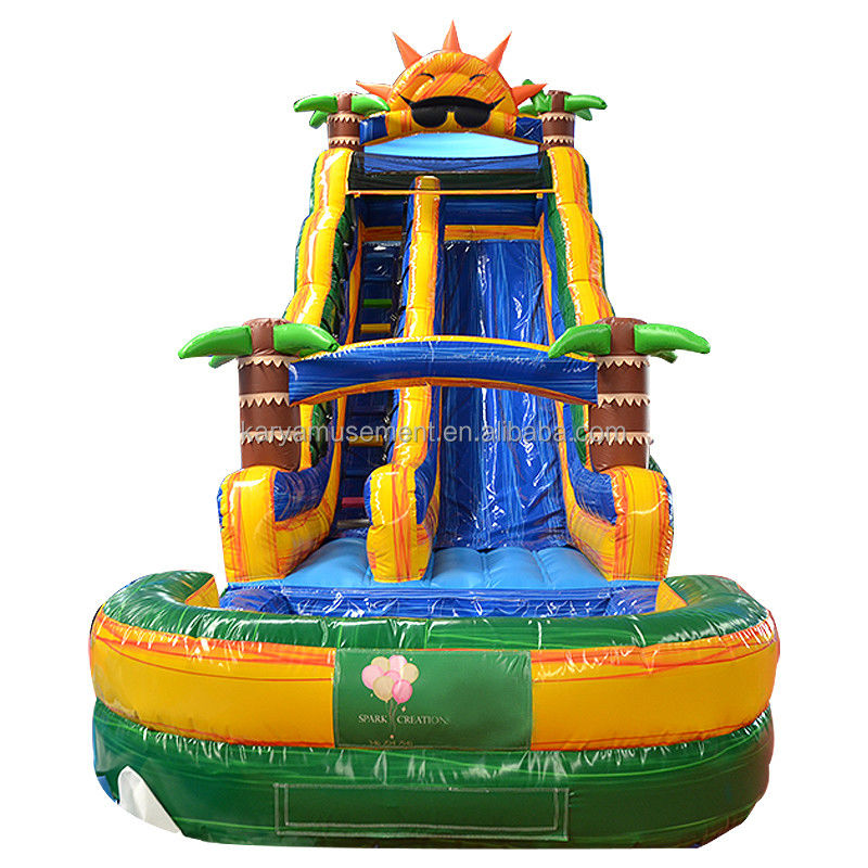 32ft Jumbo Palm Tree Inflatable Sun Water Slide with Kids Play Pool and Bounce Slide