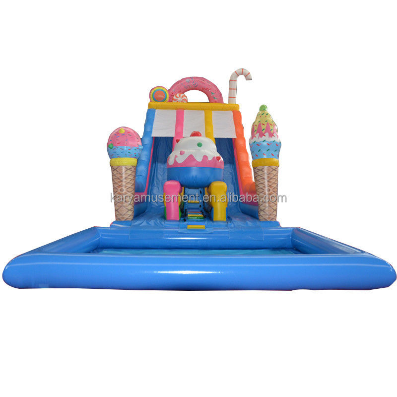 Commercial Party Rental Water Slide with Children's Paddling Pool in Ice-Cream Pink