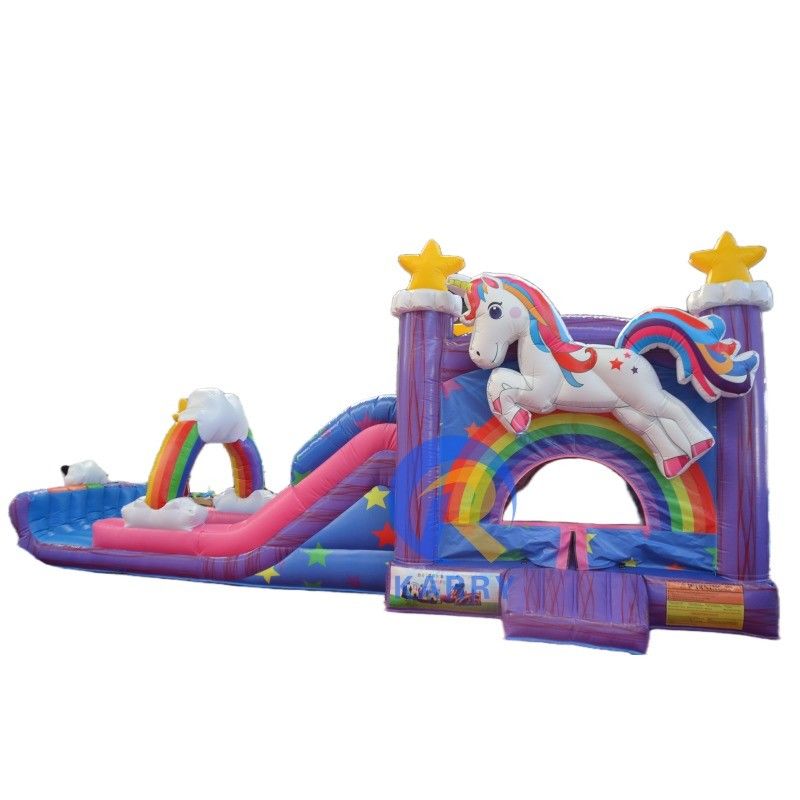 PVC Rainbow Unicorn Inflatable Bouncer House with Inflatable Pool Slide and 3 in 1 Game